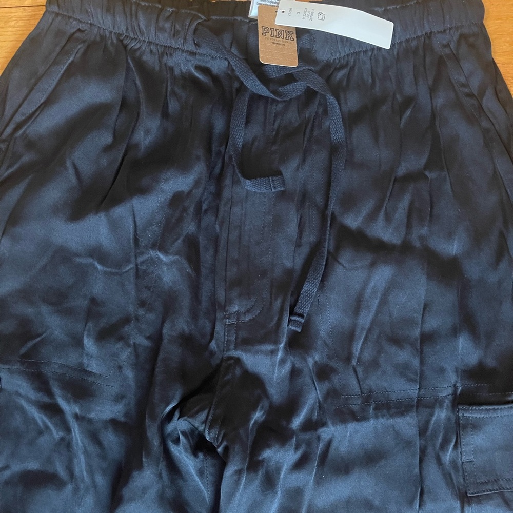 PINK Satin Drawstring Shorts in Black